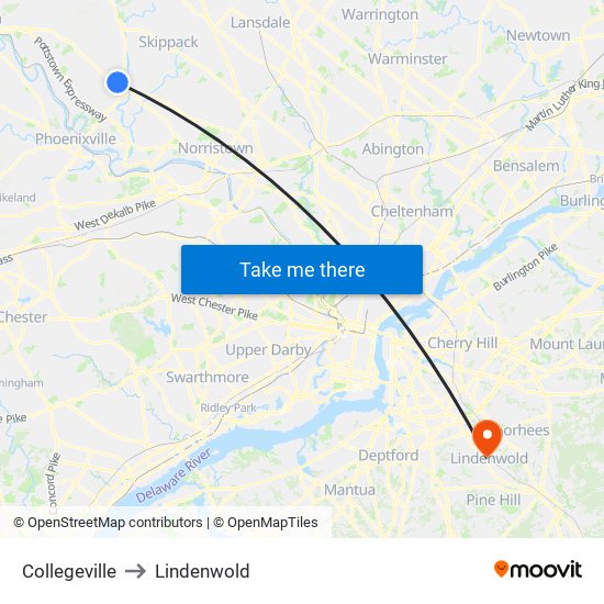 Collegeville to Lindenwold map
