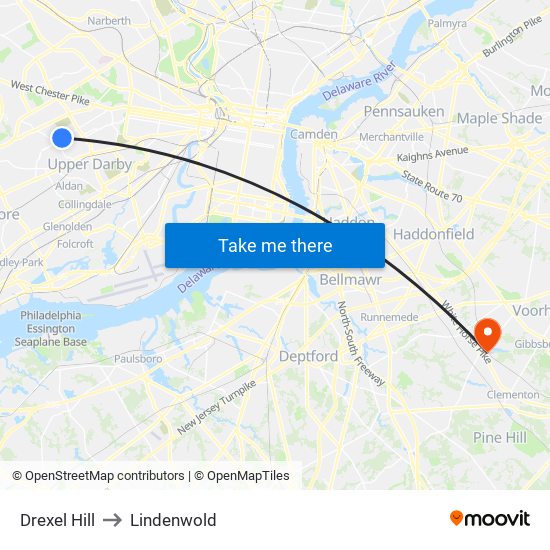 Drexel Hill to Lindenwold map