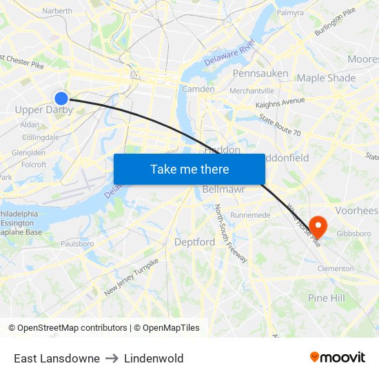 East Lansdowne to Lindenwold map