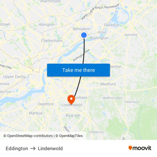 Eddington to Lindenwold map