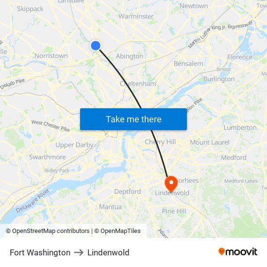 Fort Washington to Lindenwold map