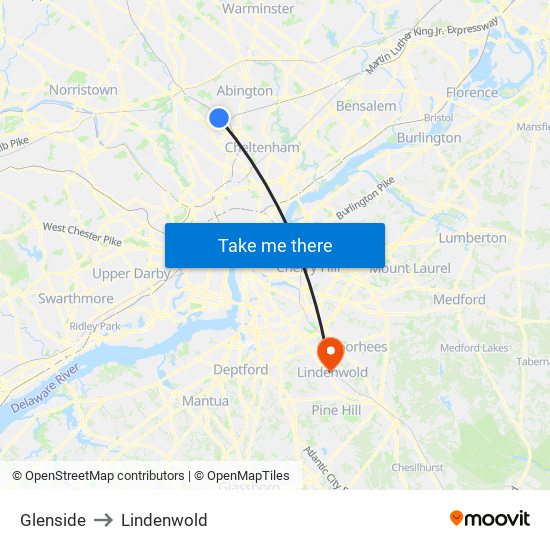 Glenside to Lindenwold map