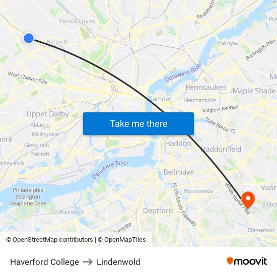 Haverford College to Lindenwold map