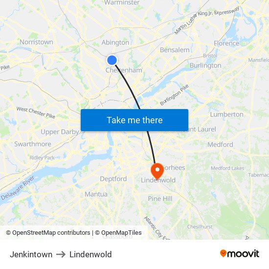 Jenkintown to Lindenwold map