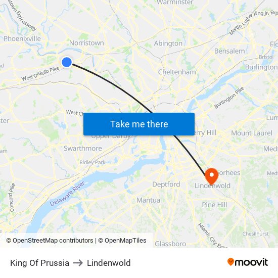 King Of Prussia to Lindenwold map