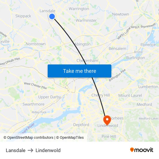 Lansdale to Lindenwold map