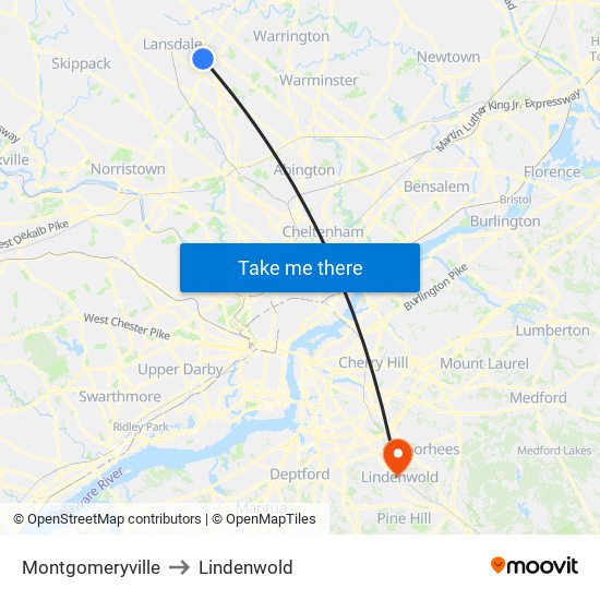 Montgomeryville to Lindenwold map