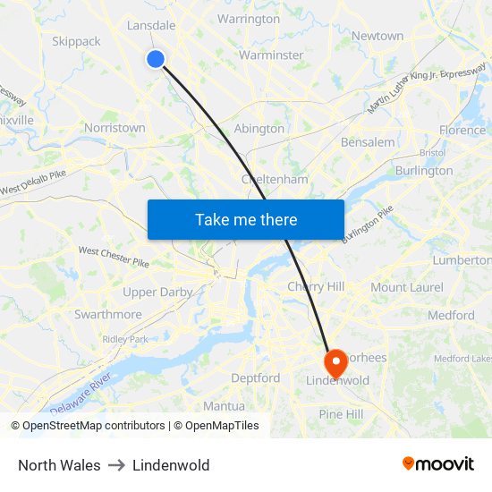 North Wales to Lindenwold map