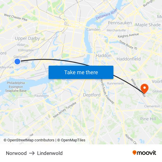 Norwood to Lindenwold map