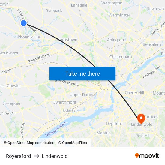 Royersford to Lindenwold map