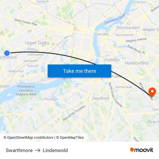 Swarthmore to Lindenwold map