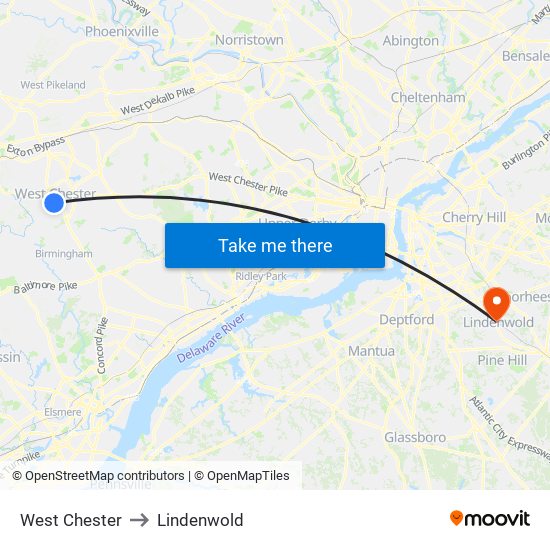 West Chester to Lindenwold map