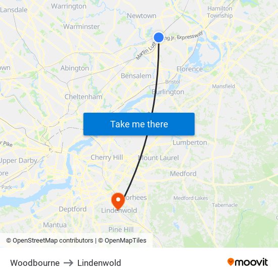 Woodbourne to Lindenwold map