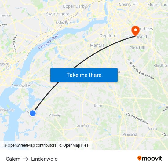 Salem to Lindenwold map