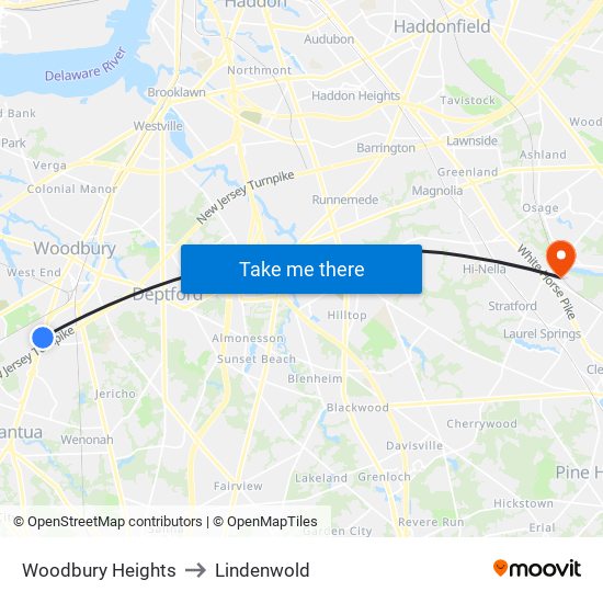 Woodbury Heights to Lindenwold map