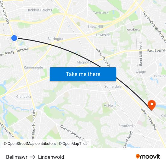 Bellmawr to Lindenwold map