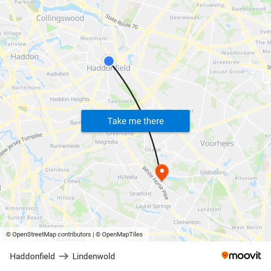 Haddonfield to Lindenwold map