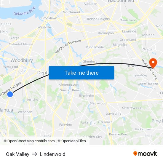 Oak Valley to Lindenwold map