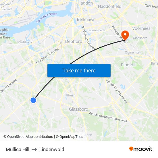Mullica Hill to Lindenwold map