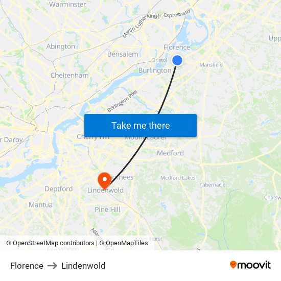 Florence to Lindenwold map