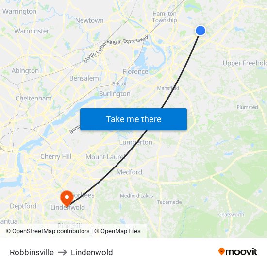 Robbinsville to Lindenwold map