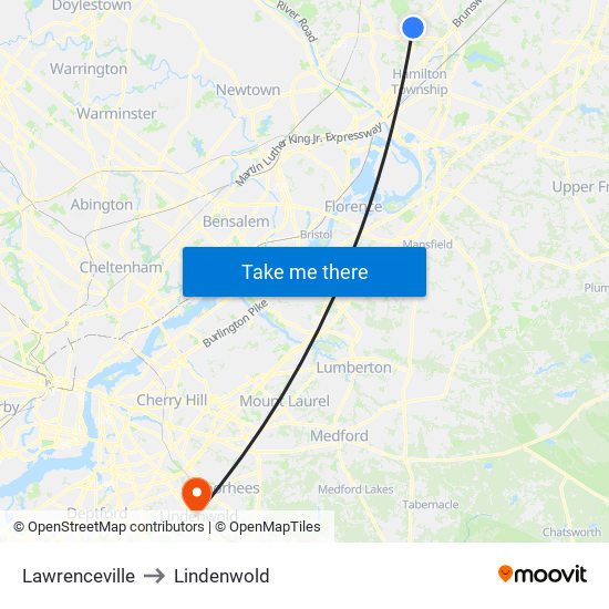 Lawrenceville to Lindenwold map