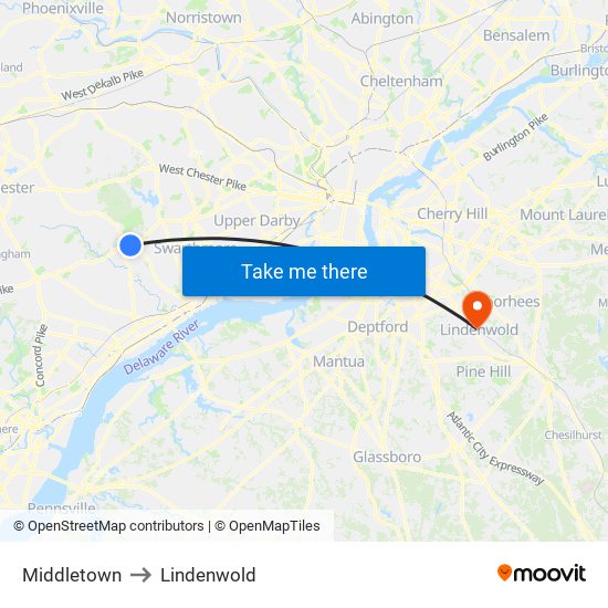 Middletown to Lindenwold map