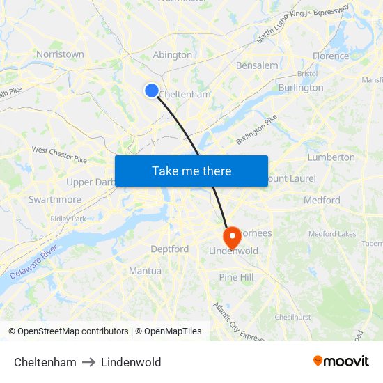 Cheltenham to Lindenwold map
