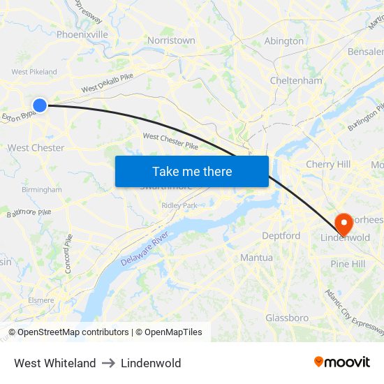 West Whiteland to Lindenwold map