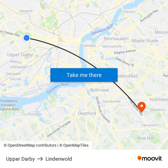 Upper Darby to Lindenwold map
