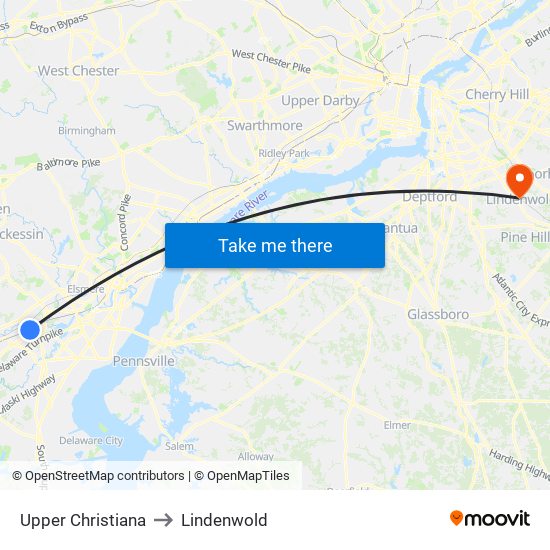 Upper Christiana to Lindenwold map
