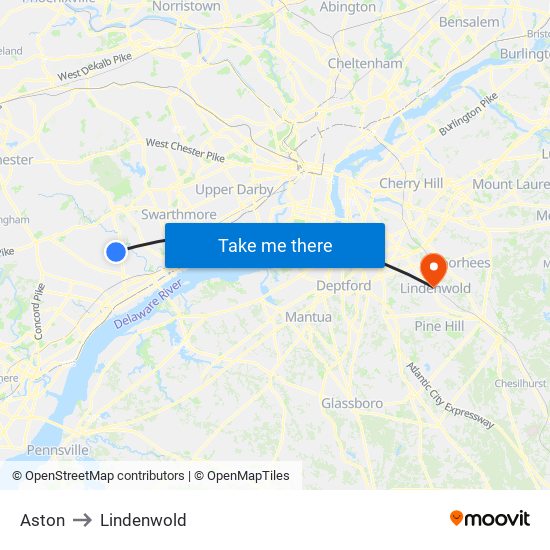Aston to Lindenwold map