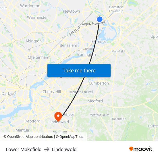 Lower Makefield to Lindenwold map