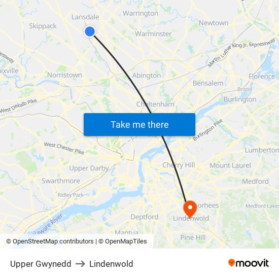 Upper Gwynedd to Lindenwold map