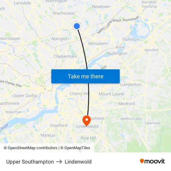 Upper Southampton to Lindenwold map