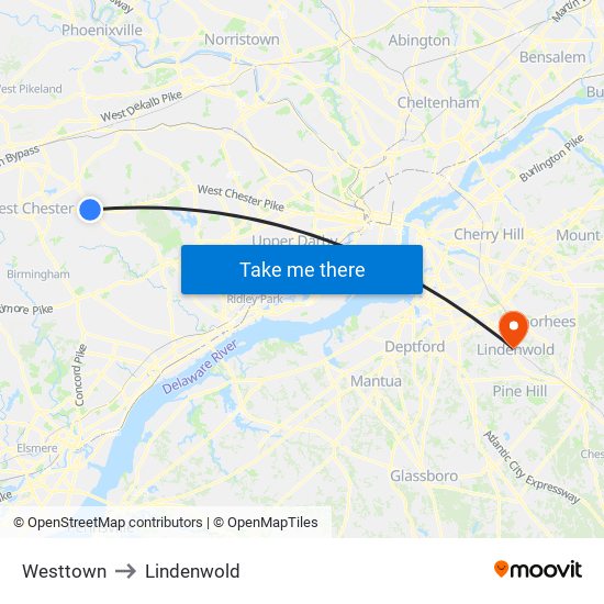 Westtown to Lindenwold map