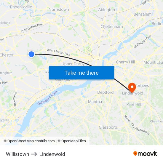 Willistown to Lindenwold map