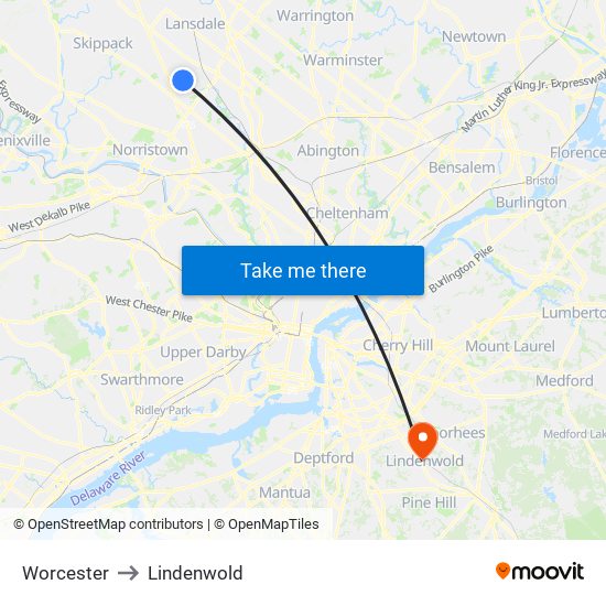 Worcester to Lindenwold map