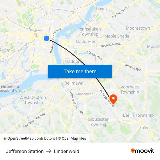 Jefferson Station to Lindenwold map
