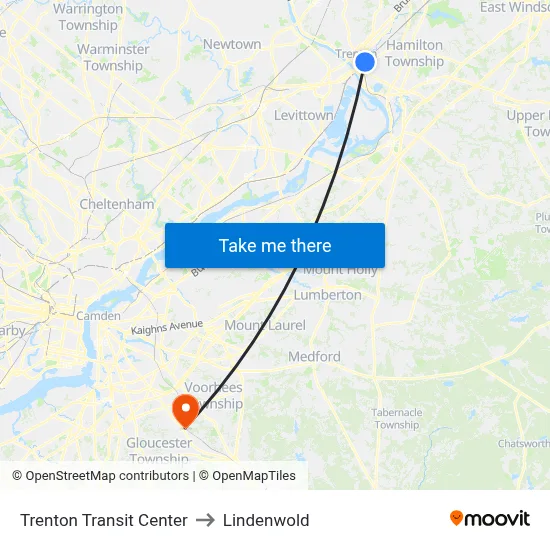 Trenton Transit Center to Lindenwold map
