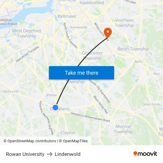 Rowan University to Lindenwold map
