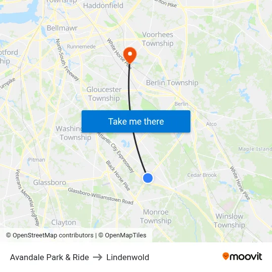 Avandale Park & Ride to Lindenwold map