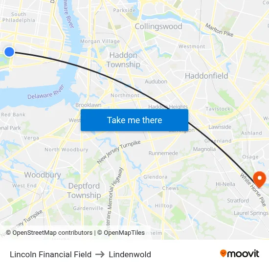 Lincoln Financial Field to Lindenwold map