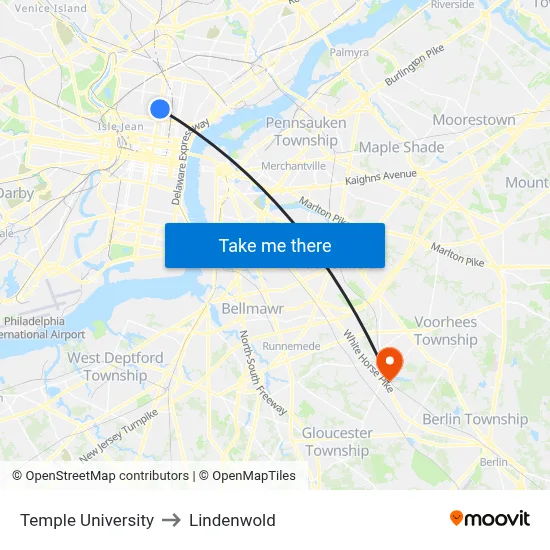 Temple University to Lindenwold map