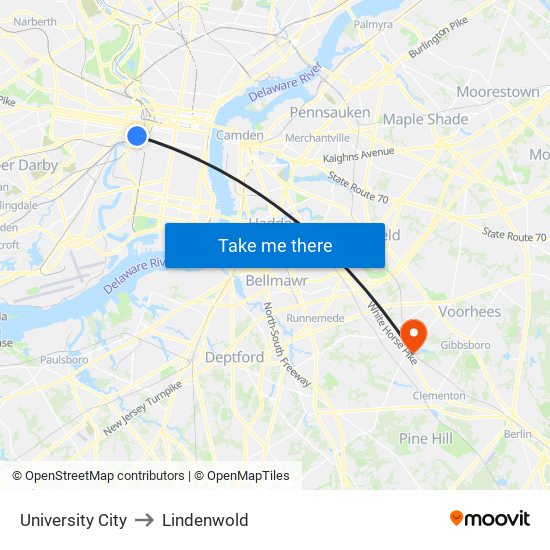 University City to Lindenwold map