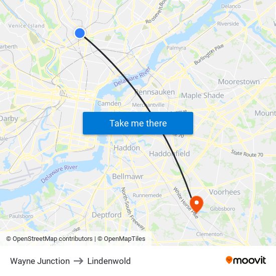 Wayne Junction to Lindenwold map