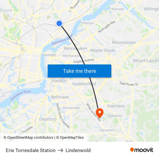 Erie Torresdale Station to Lindenwold map