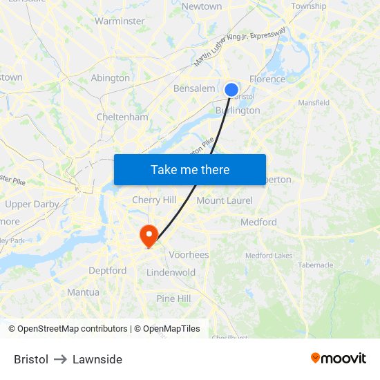 Bristol to Lawnside map