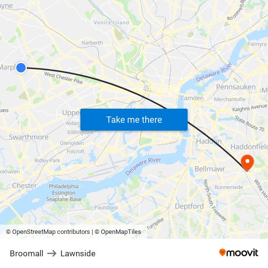 Broomall to Lawnside map