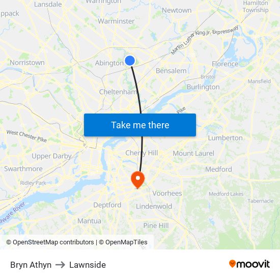 Bryn Athyn to Lawnside map